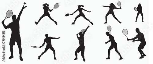 Set of men and women tennis players silhouette on white background. Vector illustration