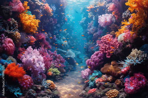 A vibrant coral reef with colorful corals and fish. Created with Ai