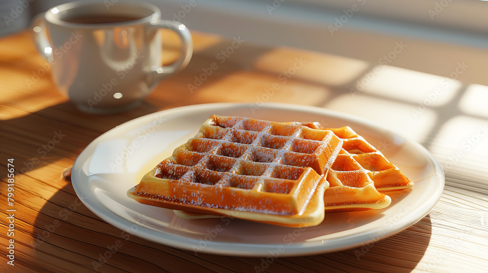 Morning breakfast of waffles on a white plate Morning breakfast of waffles on a white plate
