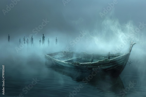 Misty Lake with Ghostly Apparitions and Wooden Boat photo