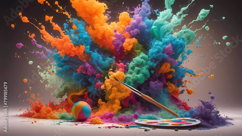 Explosión de color en 3D: Ilustración vibrante y creativa con fondo kaleidoscópico de azules, naranjas, verdes y morados photo