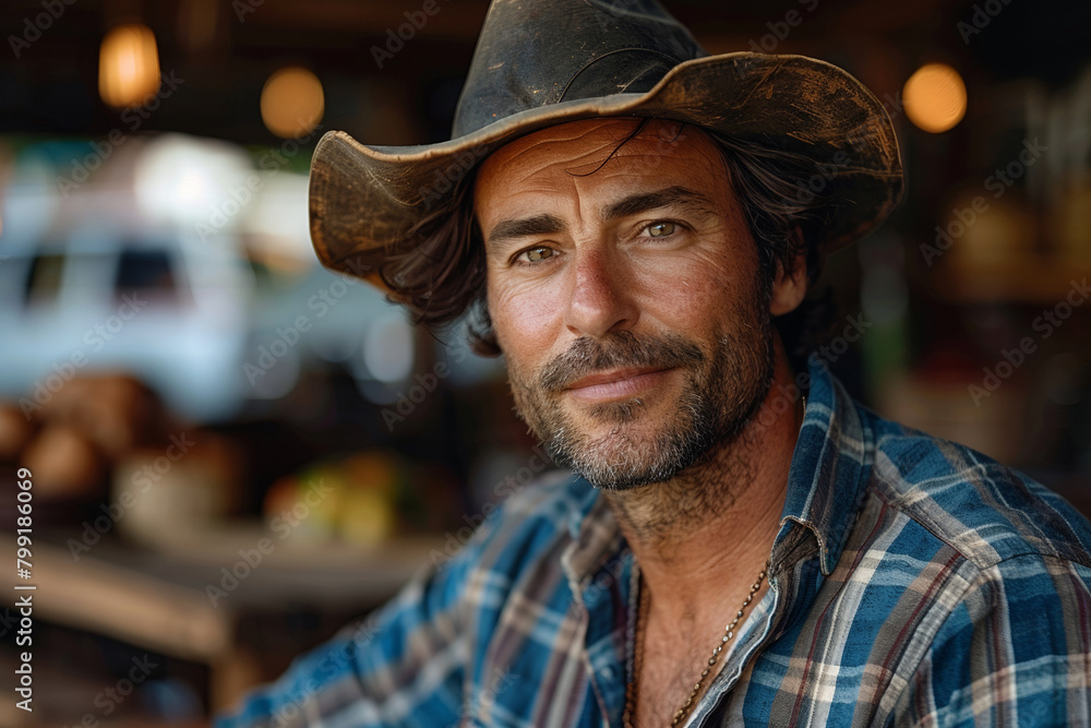 Weathered cowboy, adorned in hat, exuding rugged charm against rustic ranch backdrop with a serene smile Weathered cowboy, adorned in hat, exuding rugged charm against rustic ranch backdrop with a serene smile