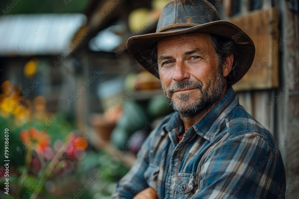 Elderly rancher in a cowboy hat stands outdoors, his face weathered, a content smile evident Elderly rancher in a cowboy hat stands outdoors, his face weathered, a content smile evident