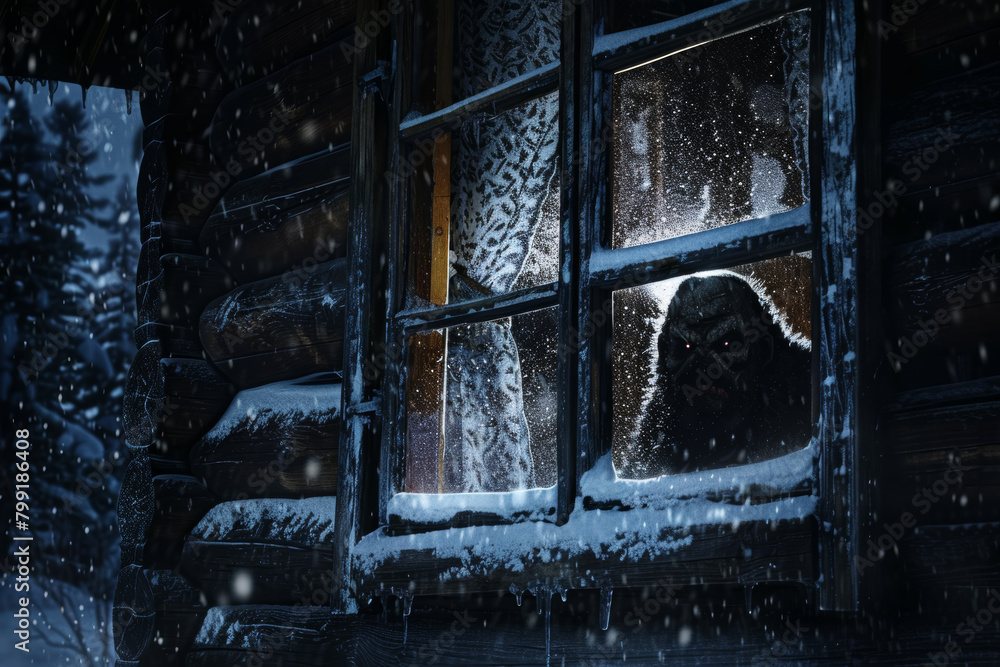 Mysterious Figure Peering Through Snowy Cabin Window Mysterious Figure Peering Through Snowy Cabin Window