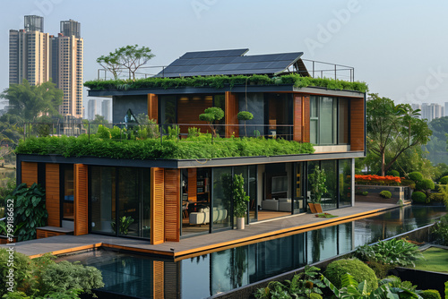 Modern house with green roof and pool, renewable energy and sustainable green living © Spicy World