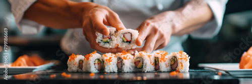 Skilled chef carefully adding the final toppings to a selection of sushi rolls on black stone slate in a professional kitchen