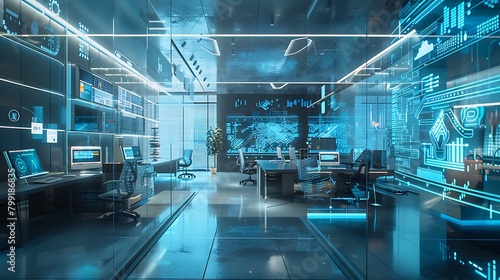 A futuristic office space with transparent screens wrapping around the perimeter, providing immersive AI-assisted work environments