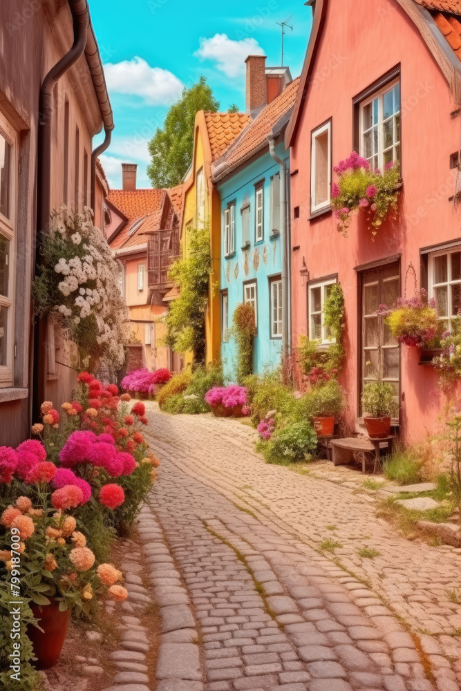 Charming Medieval Village Street with Vibrant Colors