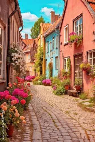Charming Medieval Village Street with Vibrant Colors
