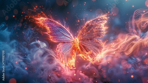 A butterfly is flying through a fire, with its wings glowing in the flames © Tatiana