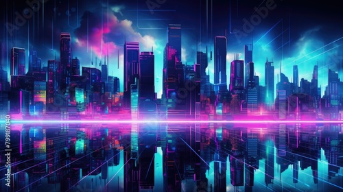 Cybernetic city skyline with neon lights reflecting off sleek surfaces in shades of vibrant teal and magenta