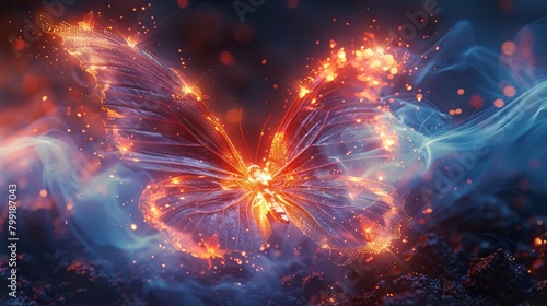 A butterfly is flying through a fire, with its wings glowing in the flames
