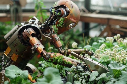 A gardener robot with limbs of twisted copper and hands that blossom into trowels, tending to a rooftop garden of industrial waste plants.