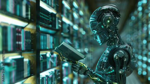 A librarian bot, its circuitry glowing through translucent skin, cataloging digital tomes in a vast archive powered by the hum of giant servers.