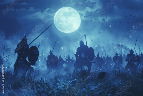 A medieval battlefield frozen in time, spectral soldiers clashing in eternal combat, their ghostly figures illuminated by the eerie glow of the moon.