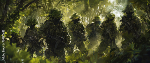 A forest guerrilla warfare scene, where soldiers merge into the environment with organic, leaf-patterned camo, communicating through bird-like whistles and rustling branches. photo