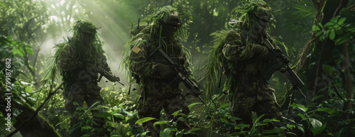 A forest guerrilla warfare scene, where soldiers merge into the environment with organic, leaf-patterned camo, communicating through bird-like whistles and rustling branches. photo