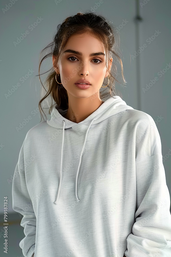 A fashionable young girl wearing white hoodie A fashionable young girl wearing white hoodie