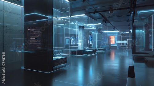 A futuristic showroom with transparent screens wrapping around exhibits, showcasing the latest AI-enabled technologies