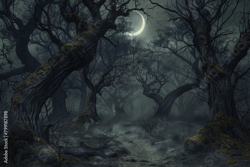 Haunted Forest Path and Gnarled Trees under Crescent Moon