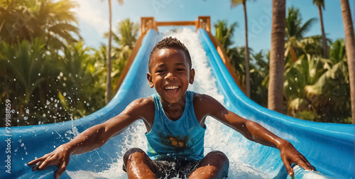 Fototapeta Naklejka Na Ścianę i Meble -  happy little african american boy on water slide in summer