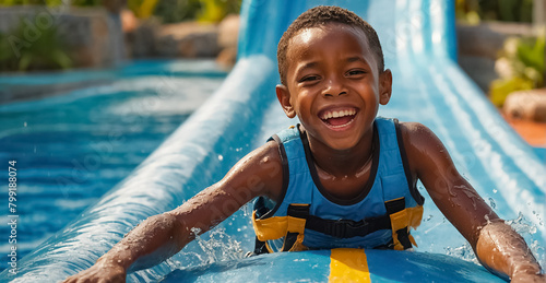 Fototapeta Naklejka Na Ścianę i Meble -  happy little african american boy on water slide in summer