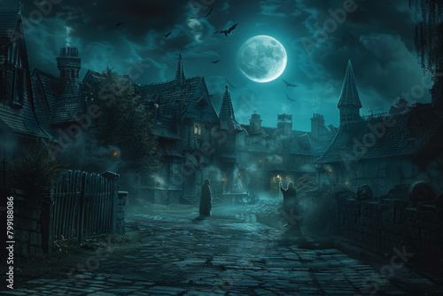 Haunted Village Square at Midnight with Spectral Figures