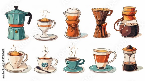 Different types of coffee makers and cups of coffee. photo