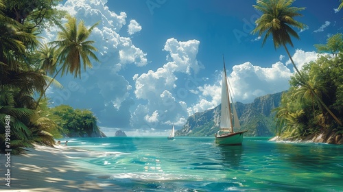 Sarah and Alex embrace Caribbean dreams, their sailboat navigating azure waters past islands adorned with swaying palms.