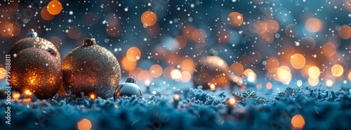 Winter snow background with Christmas toys, snowdrifts, beautiful lights and snowflakes on night blue sky, banner format, copy space,Enchanting Winter Wonderland with Christmas Decorations 