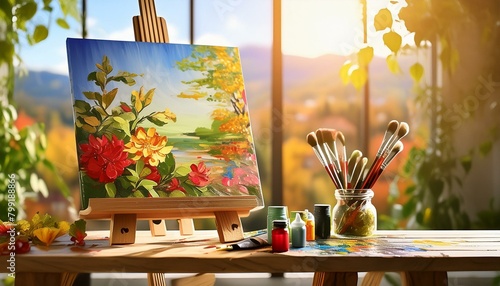 An artist's canvas on an easel, displaying the beginning of a floral painting, with paint