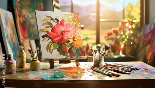 An artist's canvas on an easel, displaying the beginning of a floral painting, with paint photo