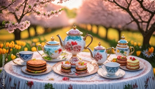 An elegant tea set arranged on a lace tablecloth with petite sandwiches and small cakes