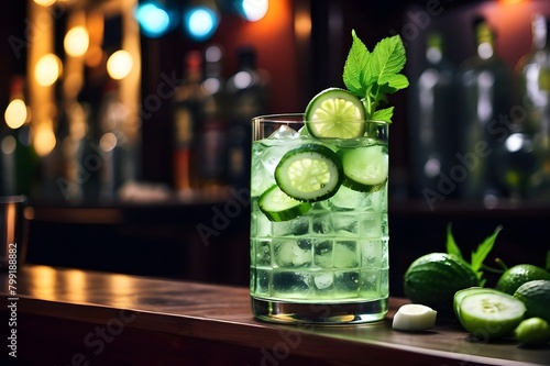 Cocktail on the bar counter of a restaurant or pub  with cucumber and ice. Drink a fresh tonic made with cucumber juice  gin  lime juice  and mint. alcoholic cooler drink in a dark nightclub