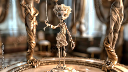 Puppet on its strings stands on a small circuclar stage.