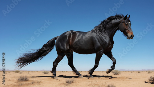 black horse seen from the side, in the desert and blue sky