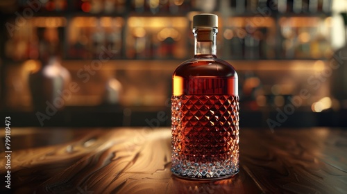 Close-up of a bottle of whiskey on a bar counter with a blurred background of the bar interior.
