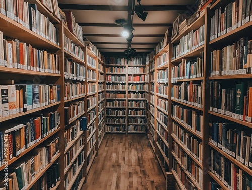 A long aisle of bookshelves with many books on them. The books are arranged in rows and are of various sizes. The shelves are made of wood and are very tall