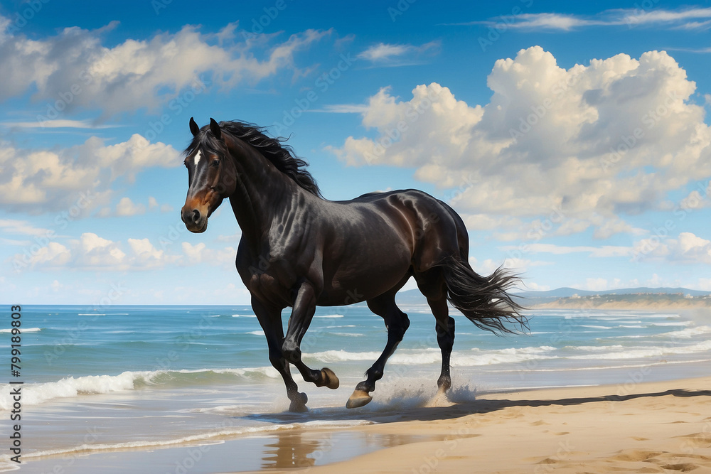 black horse seen from the side, on the beach with small waves and blue sky black horse seen from the side, on the beach with small waves and blue sky