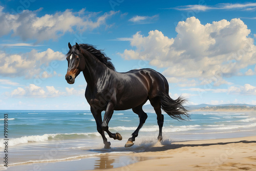 black horse seen from the side, on the beach with small waves and blue sky