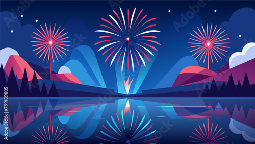 The jubilant festivities of Independence Day culminating in a dazzling display of fireworks mirrored on the surface of a serene lake.. Vector illustration