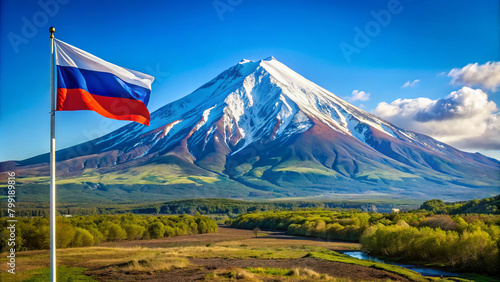 Russian flag on the background of a volcano photo