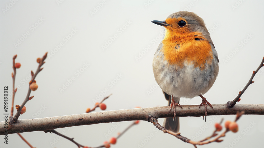 A small bird is perched on a branch with berries A small bird is perched on a branch with berries