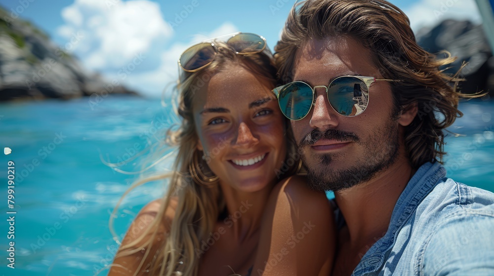 Sarah and Alex share joy on their sailboat, gliding through the Caribbean's turquoise expanse, serenaded by gentle waves Sarah and Alex share joy on their sailboat, gliding through the Caribbean's turquoise expanse, serenaded by gentle waves