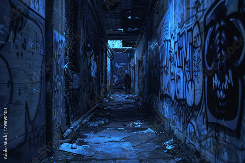 Graffiti Alleyway at Night with Shadowy Figure