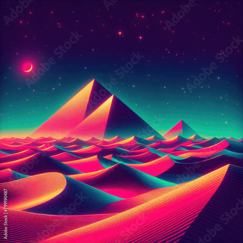 Generative AI cool neon retro wave dessert, cool neon colorful desert, neon pyramid retro wave, colorful desert pyramid with retro wave style