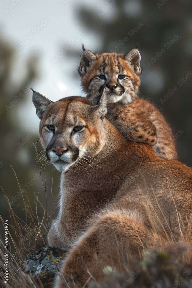Obraz premium A puma and her little baby