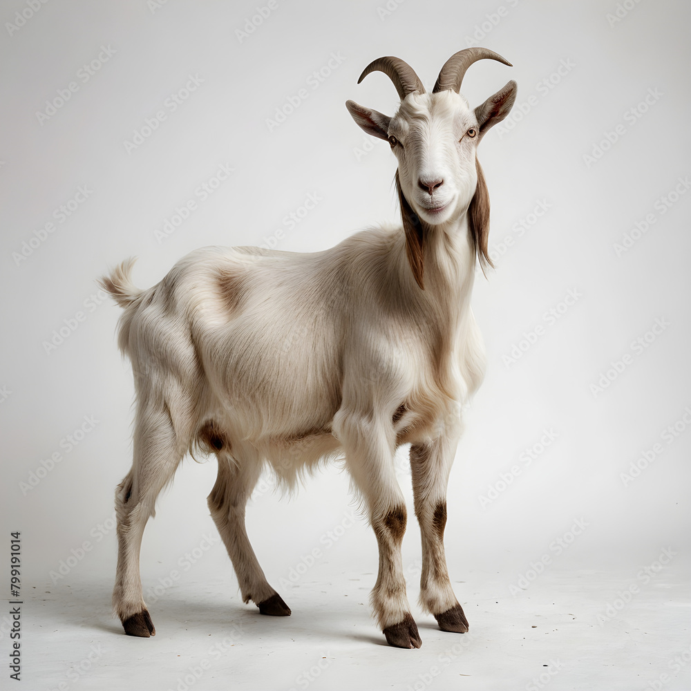 A goat with horns and horns stands on a white background A goat with horns and horns stands on a white background