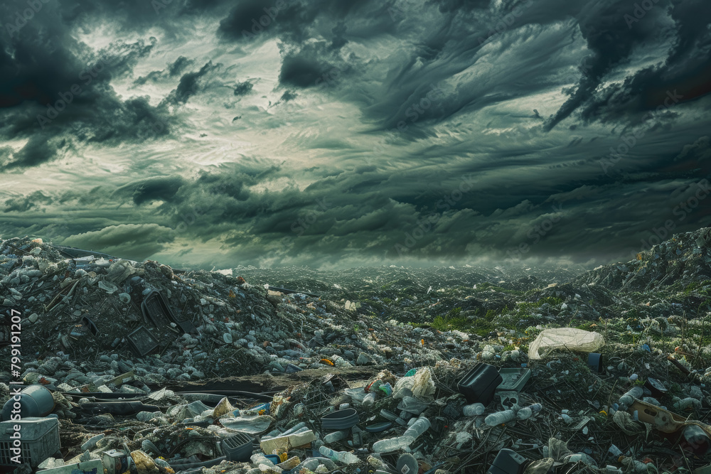 Landfill Overwhelmed by Plastic Waste Under Stormy Skies