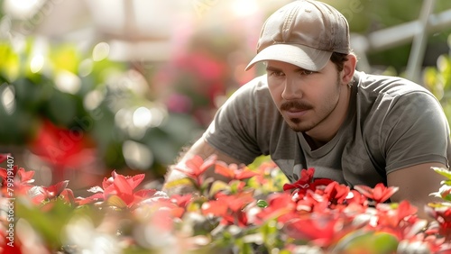 Skilled gardener in a cap and tshirt tending to home garden. Concept Gardening, Home Garden, Gardener, Cap, T-shirt